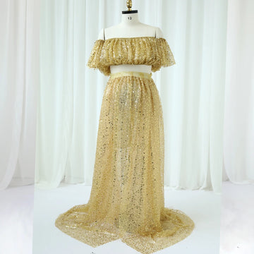 MQTIME  -  Pregnant Women Photography Dress Transparent Mesh Studded Pearl Sequin Two-Piece Set Maternity Photography Props Dress